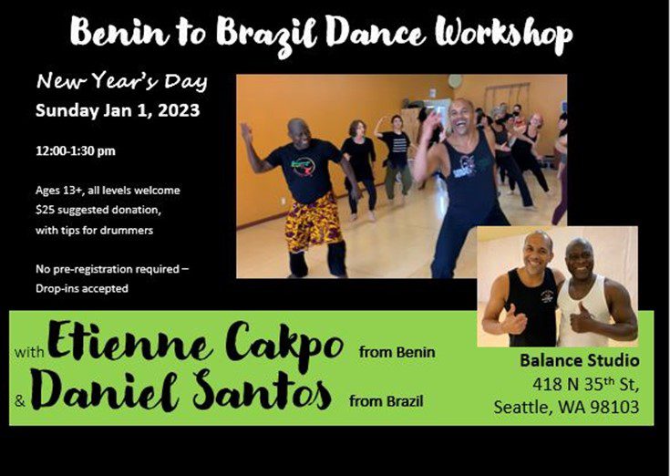 Benin to Brazil Dance workshop graphic. Learn how to dance at the Balance Studio