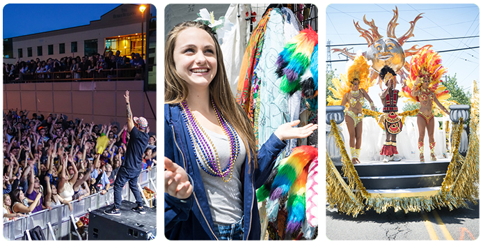 Three photos with the left being a crowd of people at a concert; the middle photo of a person smiling wearing colorful beads and the right being a photo of a parade float with three people wearing costumes