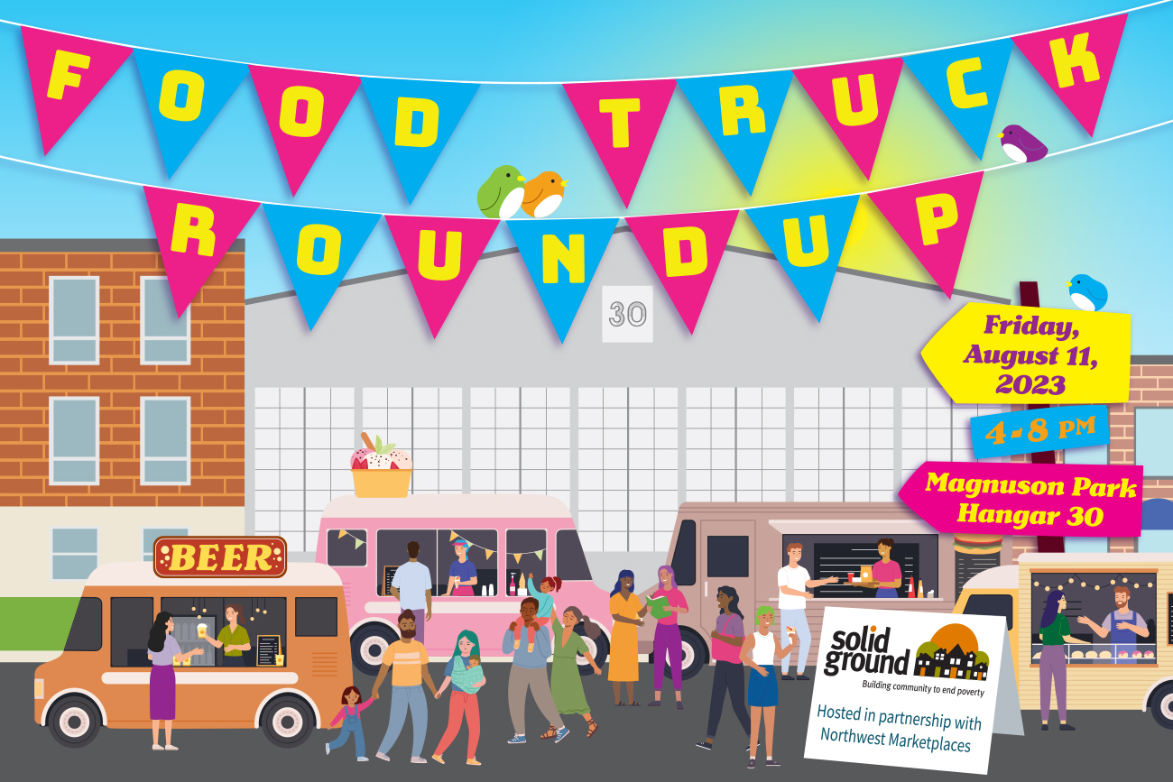 illustration of food trucks with party banner and people milling about