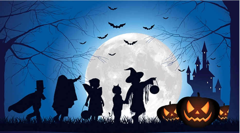 children in costume in silhouette in front of large white moon walking towards haunted house and orange glowing pumpkins