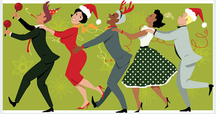 Cartoon people dressed in business attire with holiday hats and headgear in a conga line.