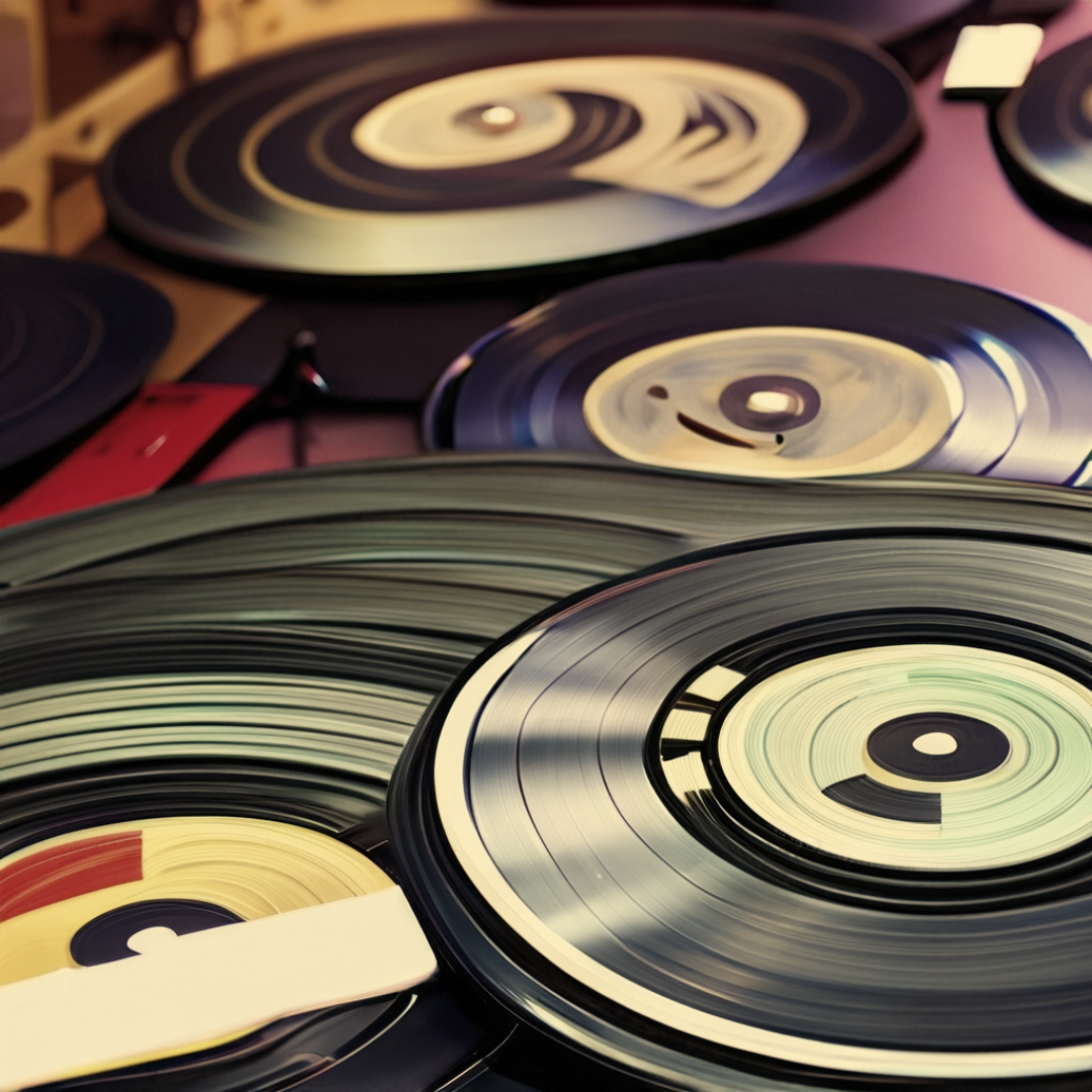 Piles of vinyl records scattered on a table.