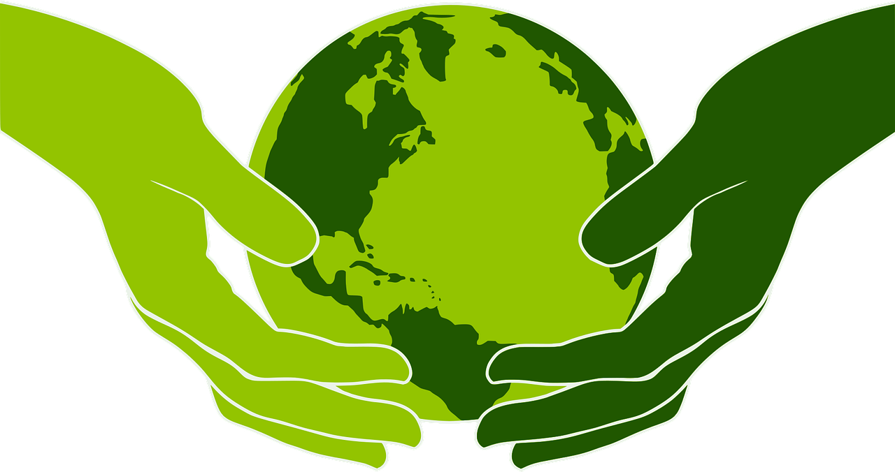 Two hands, light and dark green, holding the earth in same colors.
